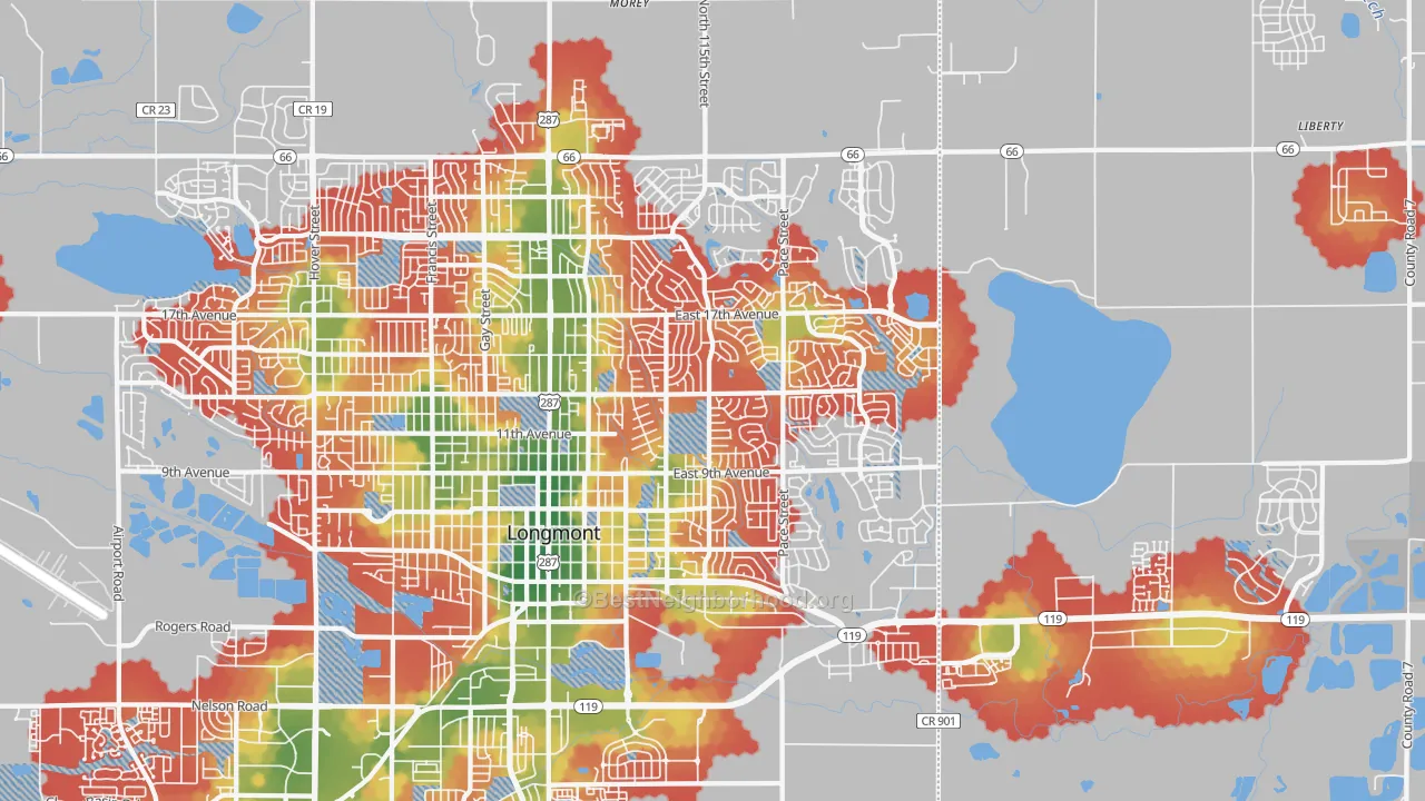 Walk Grade map of Rinn, CO, walkable areas in green and car-dependent areas in red