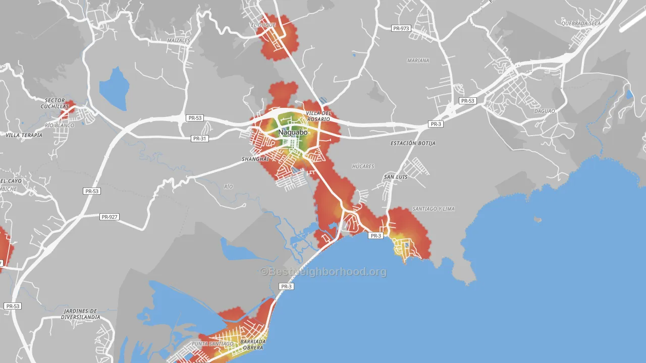 Walk Grade map of Rio Blanco, PR, walkable areas in green and car-dependent areas in red