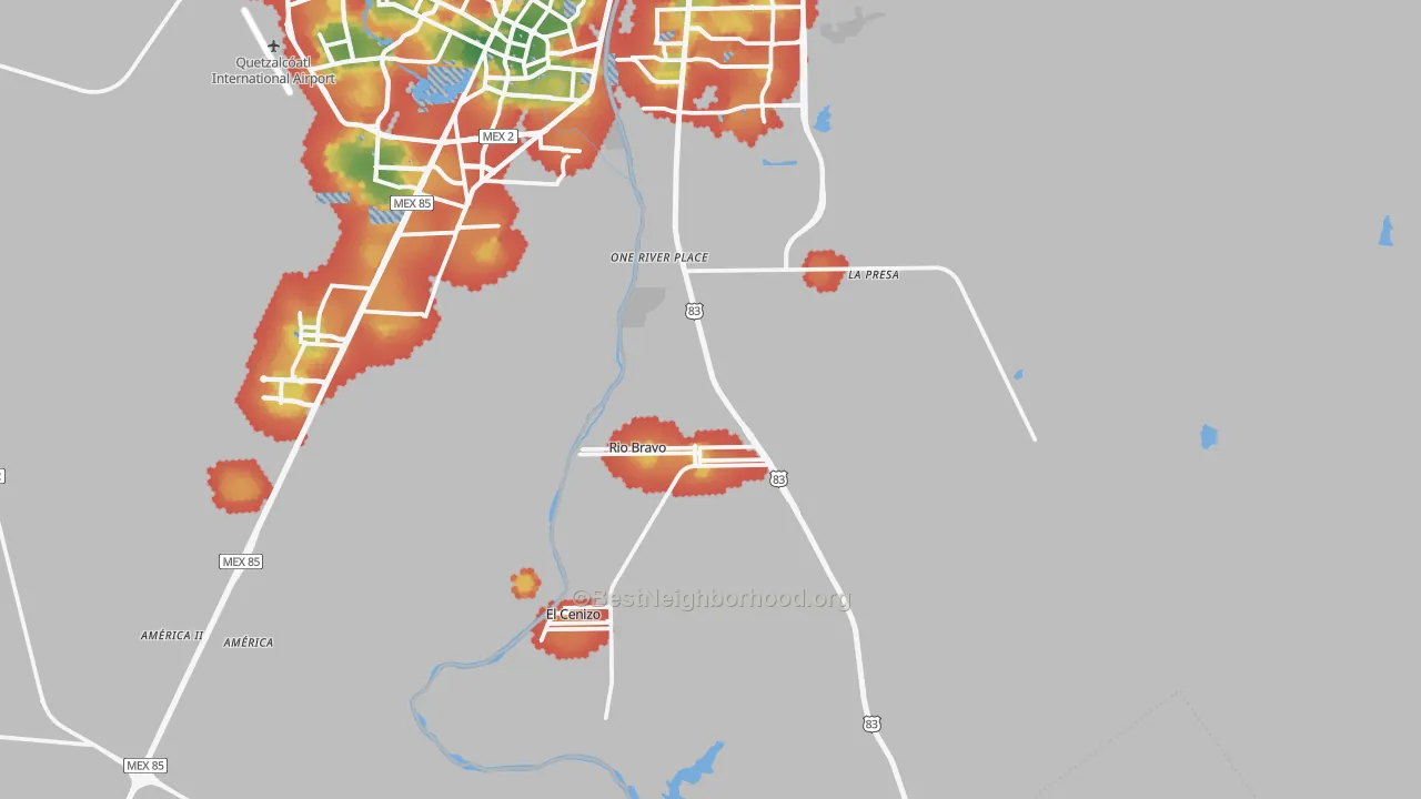 Walk Grade map of Rio Bravo, TX, walkable areas in green and car-dependent areas in red