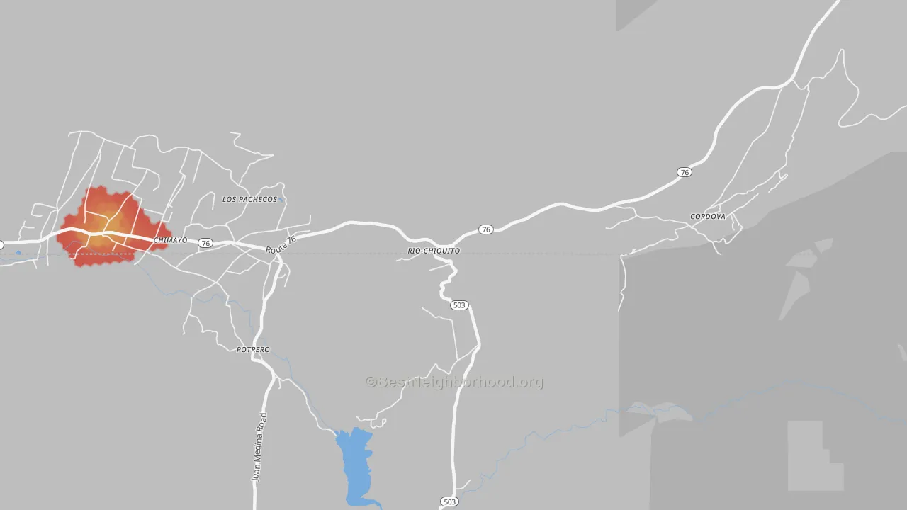 Walk Grade map of Rio Chiquito, NM, walkable areas in green and car-dependent areas in red