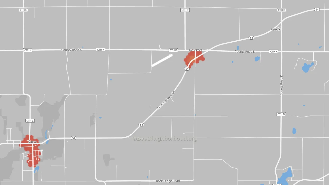 Walk Grade map of Rio Creek, WI, walkable areas in green and car-dependent areas in red