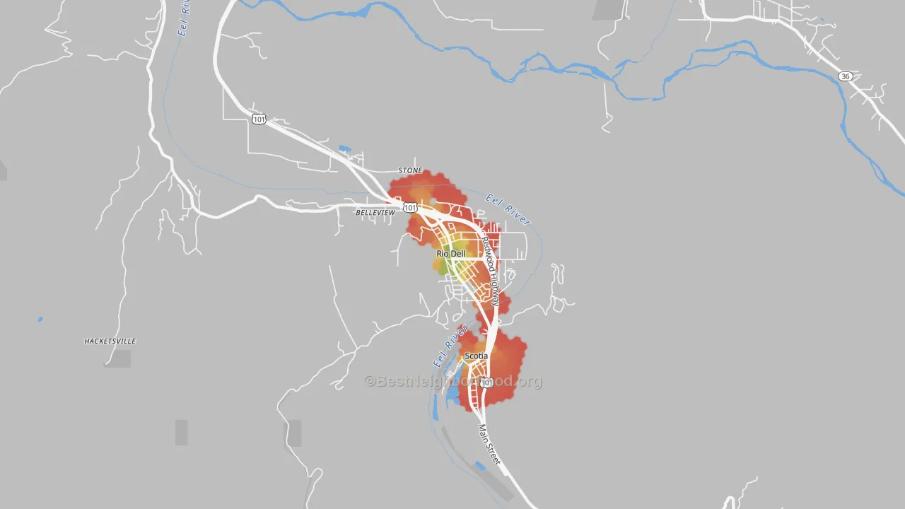 Walk Grade map of Rio Dell, CA, walkable areas in green and car-dependent areas in red