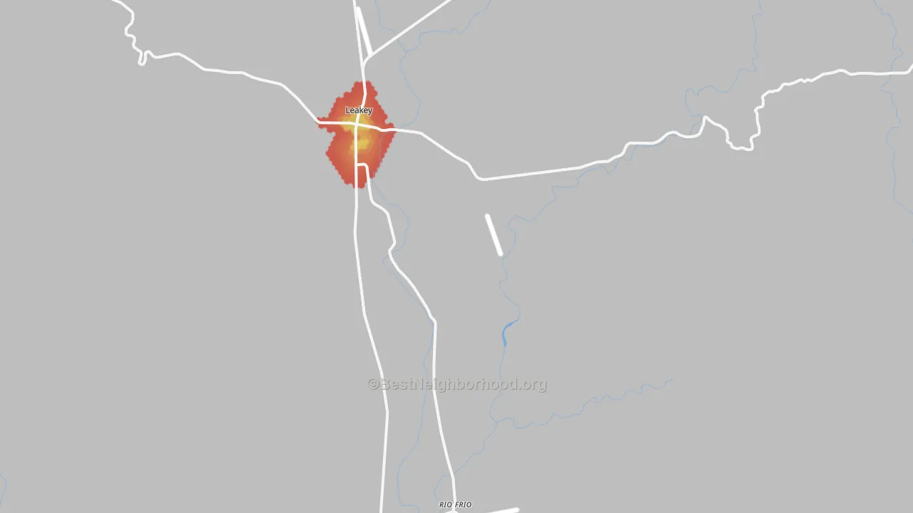 Walk Grade map of Rio Frio, TX, walkable areas in green and car-dependent areas in red