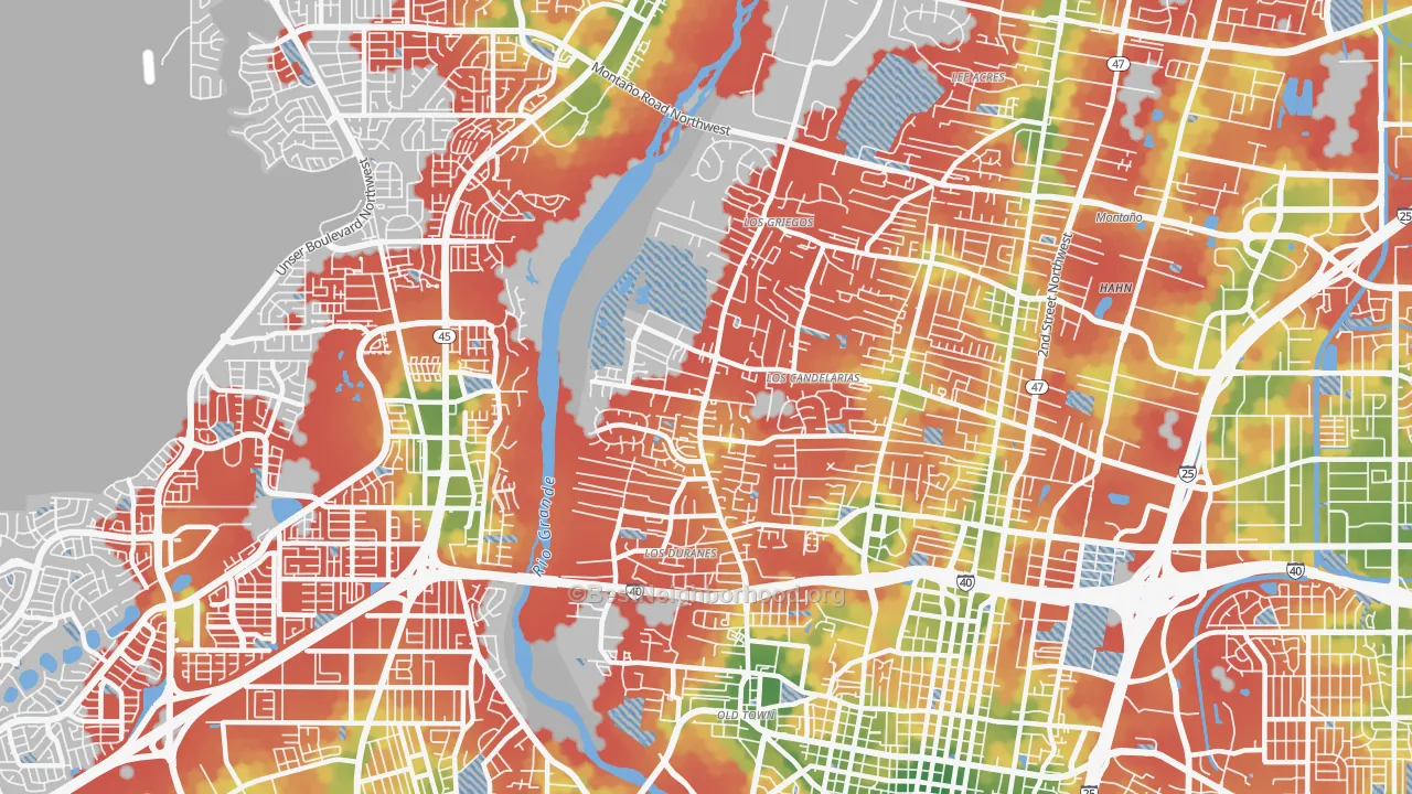 Walk Grade map of Rio Grande, Albuquerque, NM, walkable areas in green and car-dependent areas in red