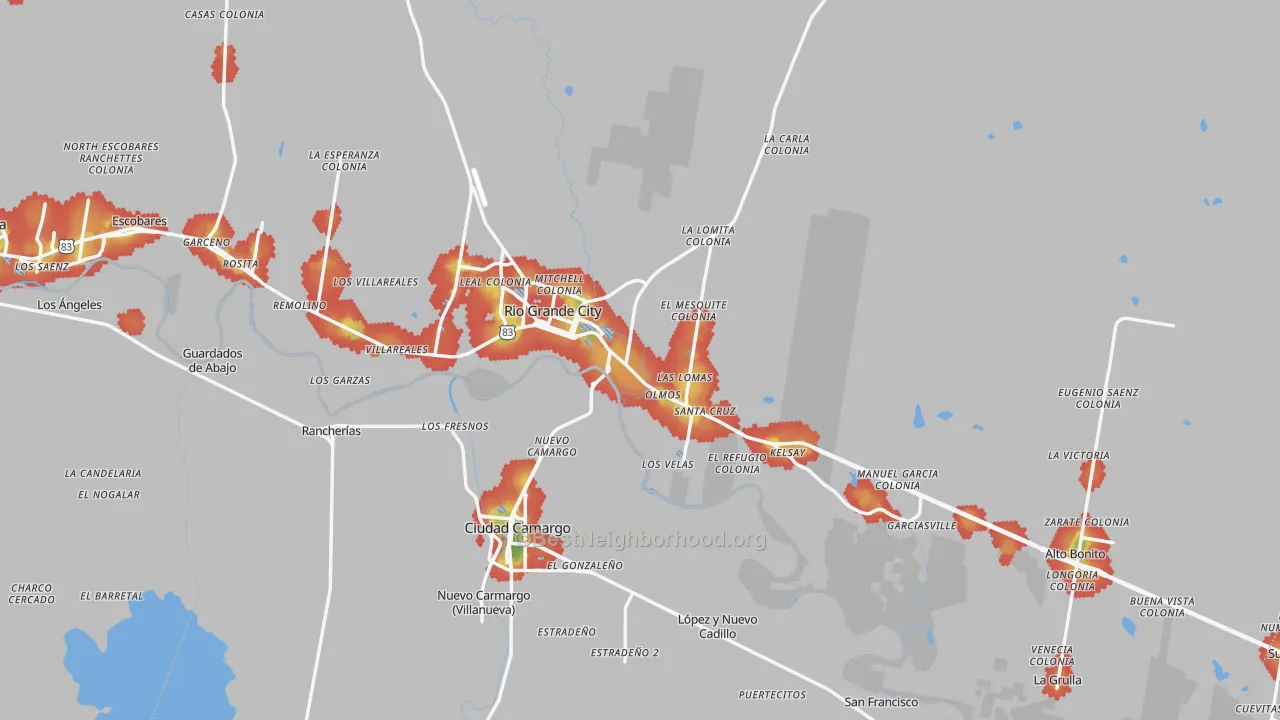 Walk Grade map of Rio Grande City, TX, walkable areas in green and car-dependent areas in red