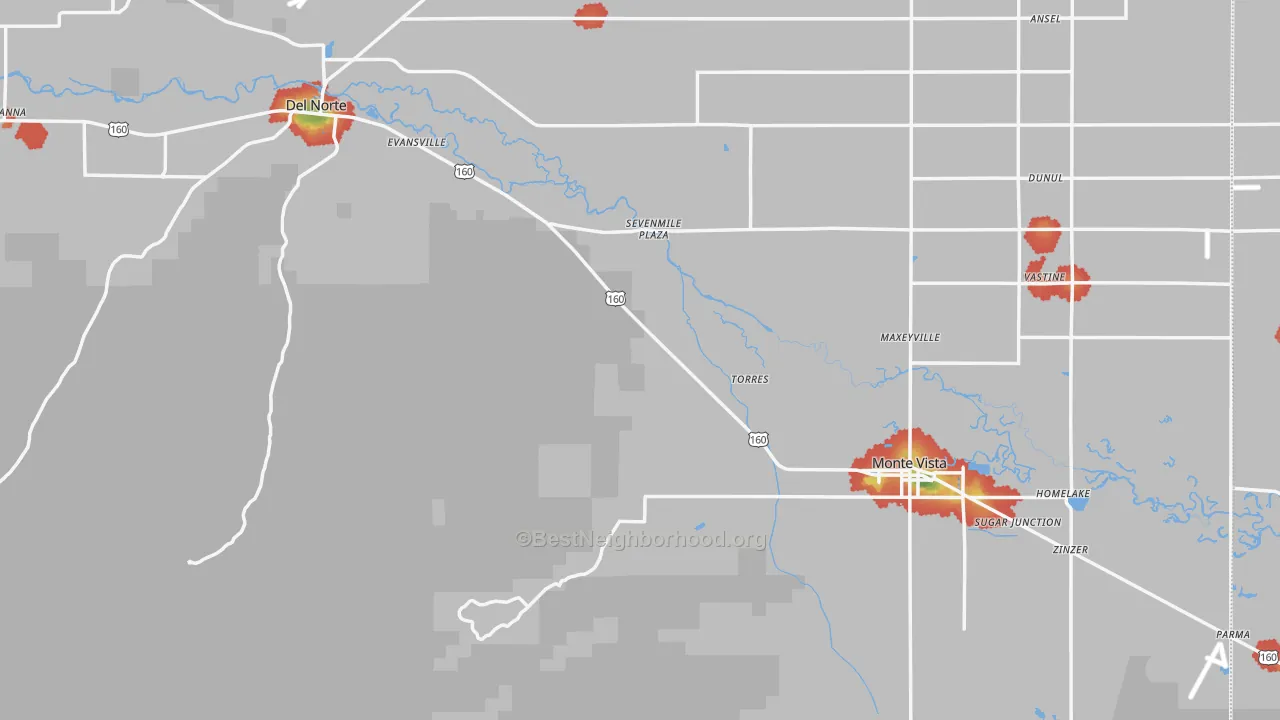 Walk Grade map of Rio Grande County, CO, walkable areas in green and car-dependent areas in red