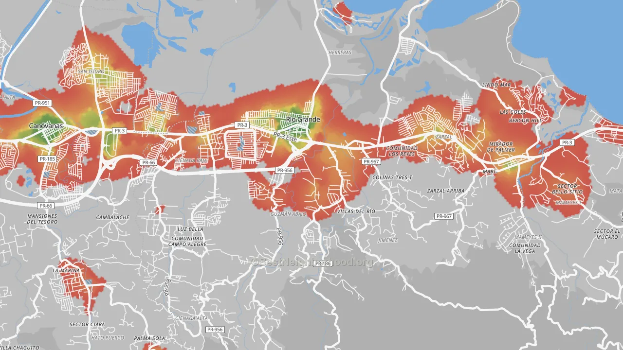 Walk Grade map of Rio Grande Municipio, PR, walkable areas in green and car-dependent areas in red