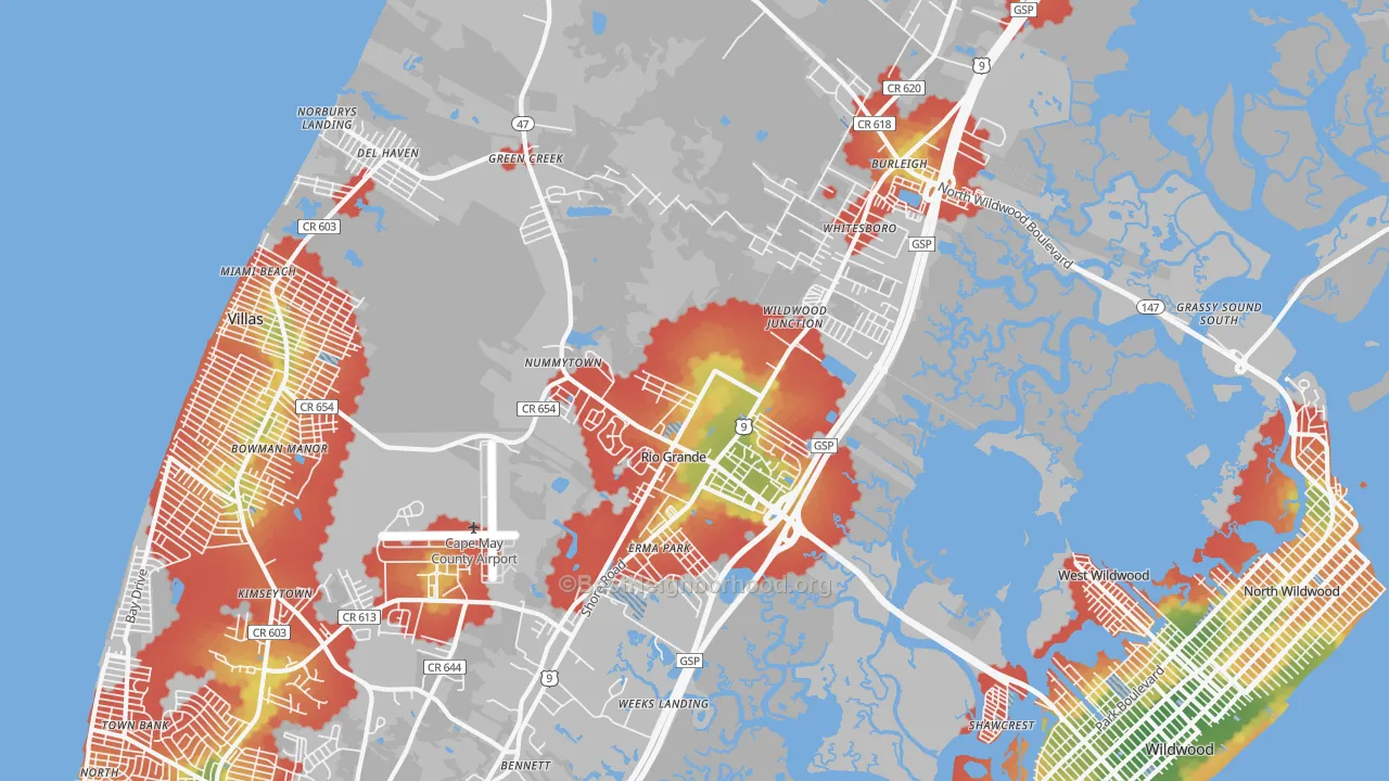 Walk Grade map of Rio Grande, NJ, walkable areas in green and car-dependent areas in red