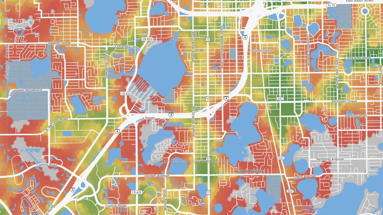 Walk Grade map of Rio Grande Park, Orlando, FL, walkable areas in green and car-dependent areas in red