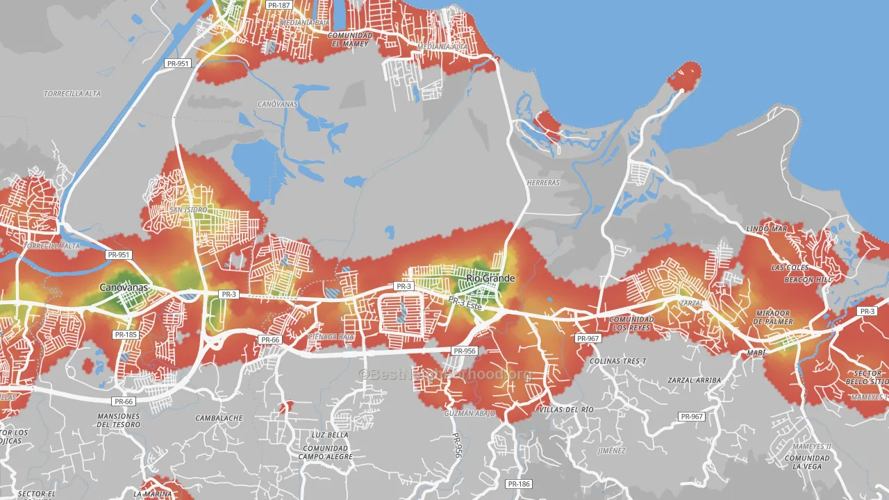 Walk Grade map of Rio Grande, PR, walkable areas in green and car-dependent areas in red