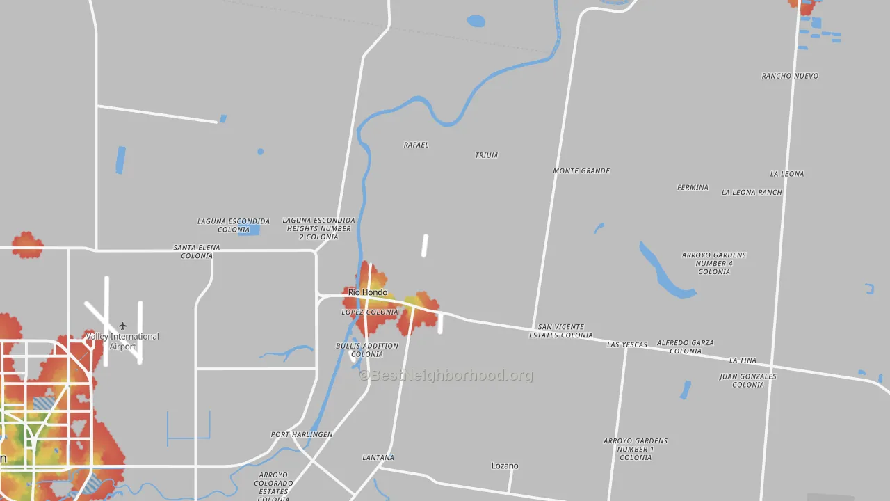 Walk Grade map of Rio Hondo, TX, walkable areas in green and car-dependent areas in red