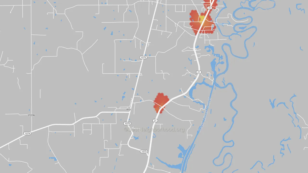 Walk Grade map of Rio, LA, walkable areas in green and car-dependent areas in red