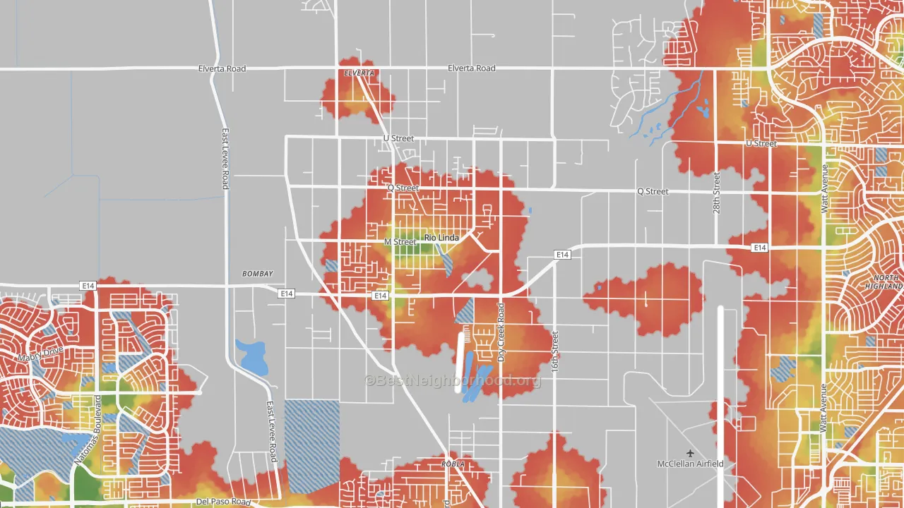 Walk Grade map of Rio Linda, CA, walkable areas in green and car-dependent areas in red