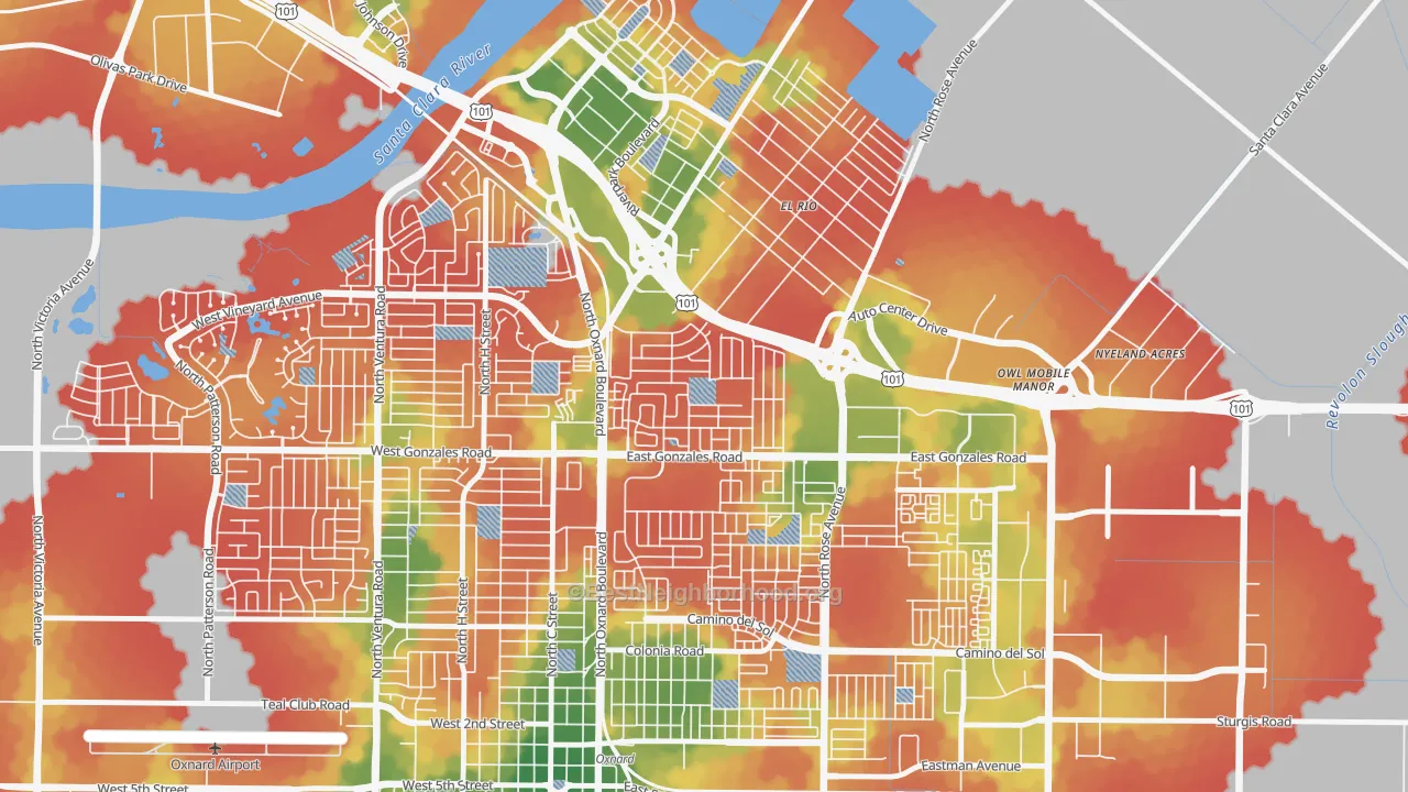 Walk Grade map of Rio Lindo, Oxnard, CA, walkable areas in green and car-dependent areas in red