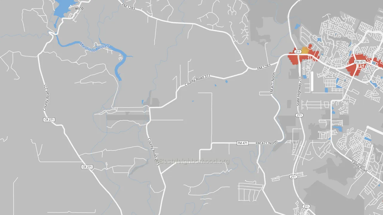 Walk Grade map of Rio Medina, TX, walkable areas in green and car-dependent areas in red