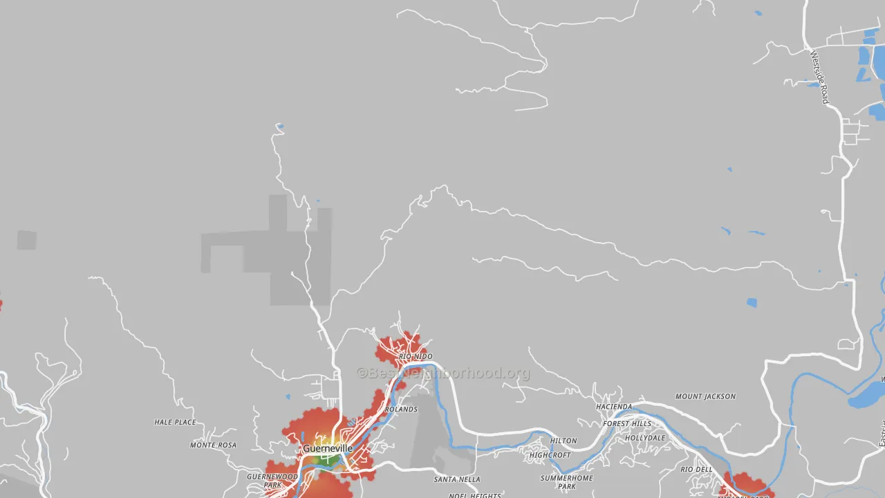 Walk Grade map of Rio Nido, CA, walkable areas in green and car-dependent areas in red