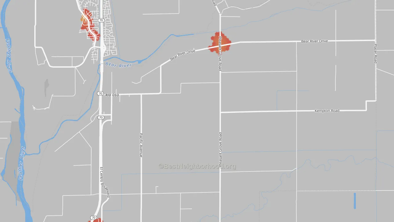 Walk Grade map of Rio Oso, CA, walkable areas in green and car-dependent areas in red