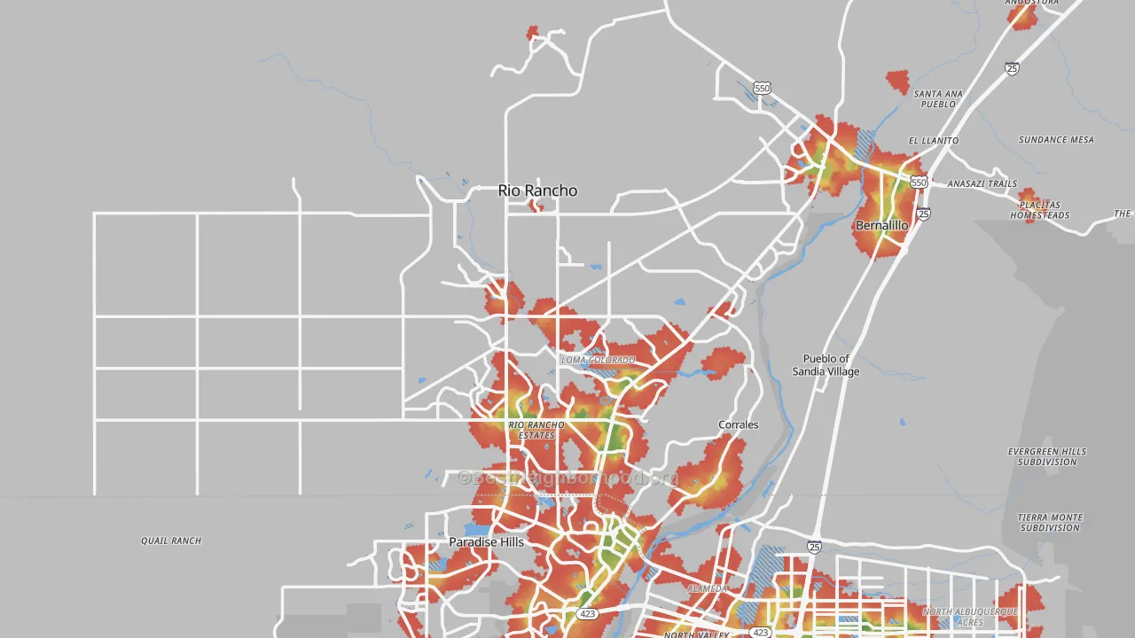 Walk Grade map of Rio Rancho, NM, walkable areas in green and car-dependent areas in red