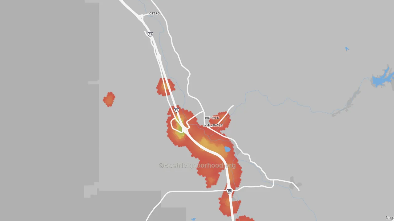 Walk Grade map of Rio Rico, AZ, walkable areas in green and car-dependent areas in red