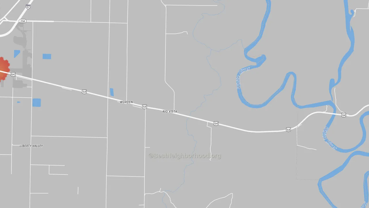 Walk Grade map of Rio Vista, AR, walkable areas in green and car-dependent areas in red