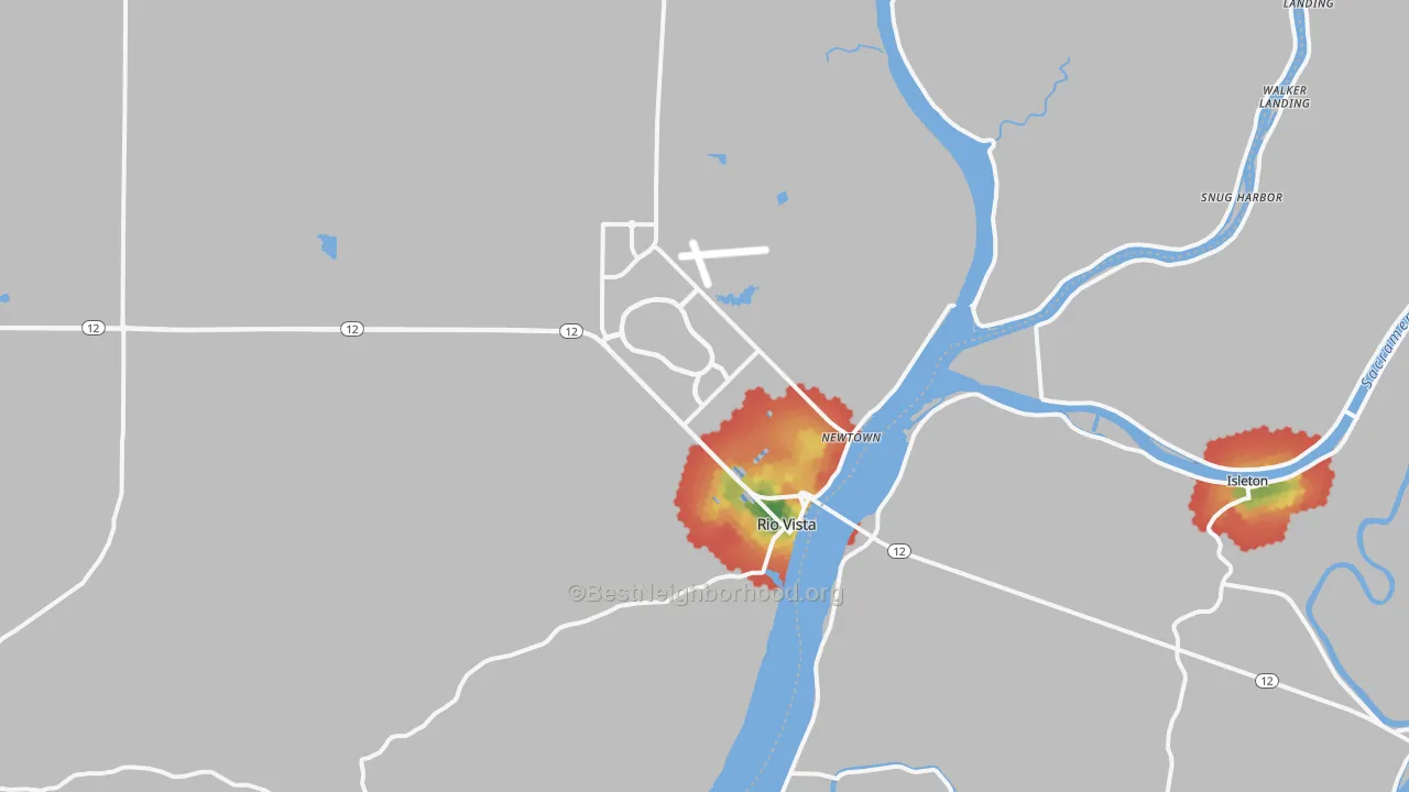 Walk Grade map of Rio Vista, CA, walkable areas in green and car-dependent areas in red