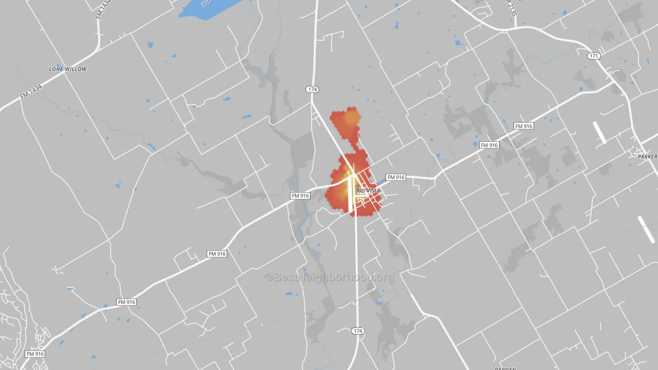 Walk Grade map of Rio Vista, TX, walkable areas in green and car-dependent areas in red