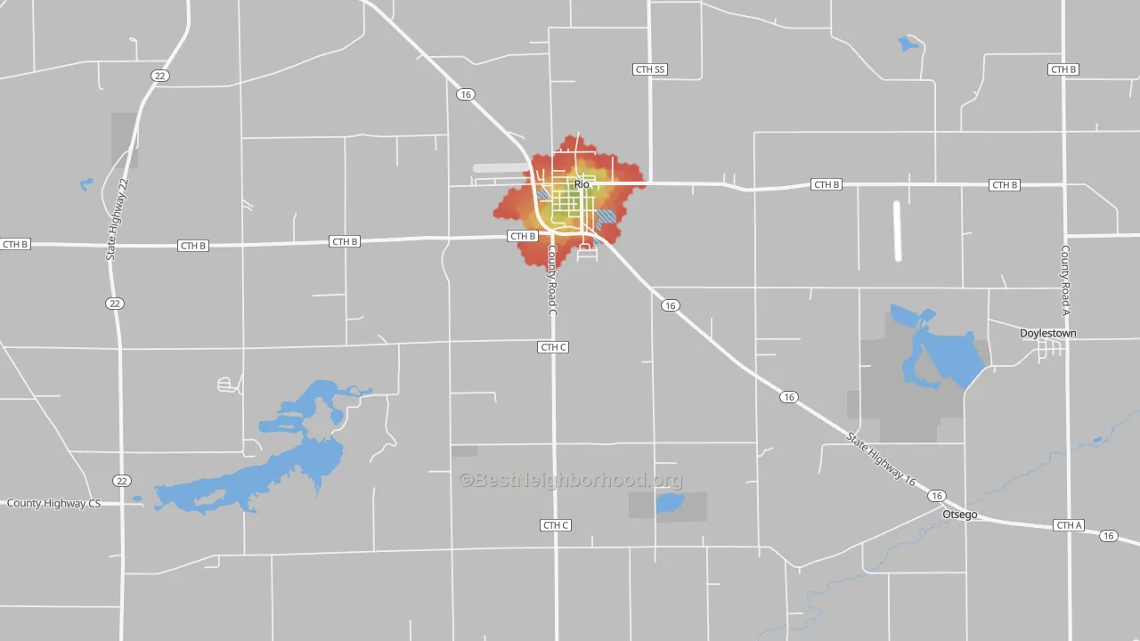 Walk Grade map of Rio, WI, walkable areas in green and car-dependent areas in red