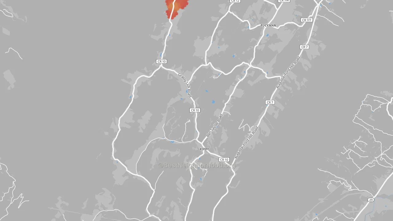 Walk Grade map of Rio, WV, walkable areas in green and car-dependent areas in red