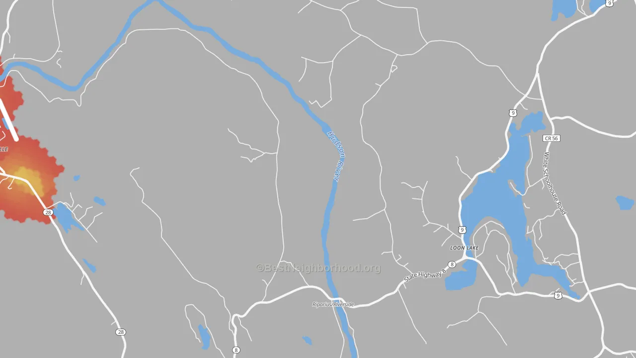 Walk Grade map of Riparius, NY, walkable areas in green and car-dependent areas in red