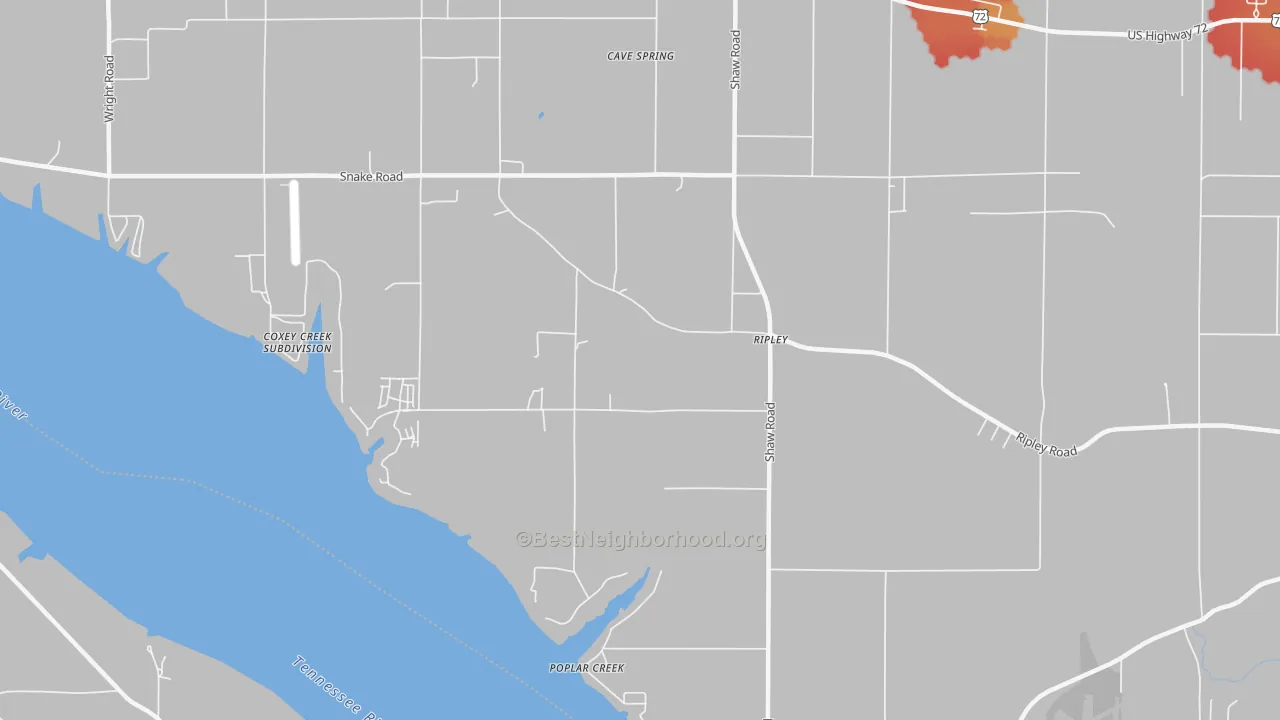 Walk Grade map of Ripley, AL, walkable areas in green and car-dependent areas in red