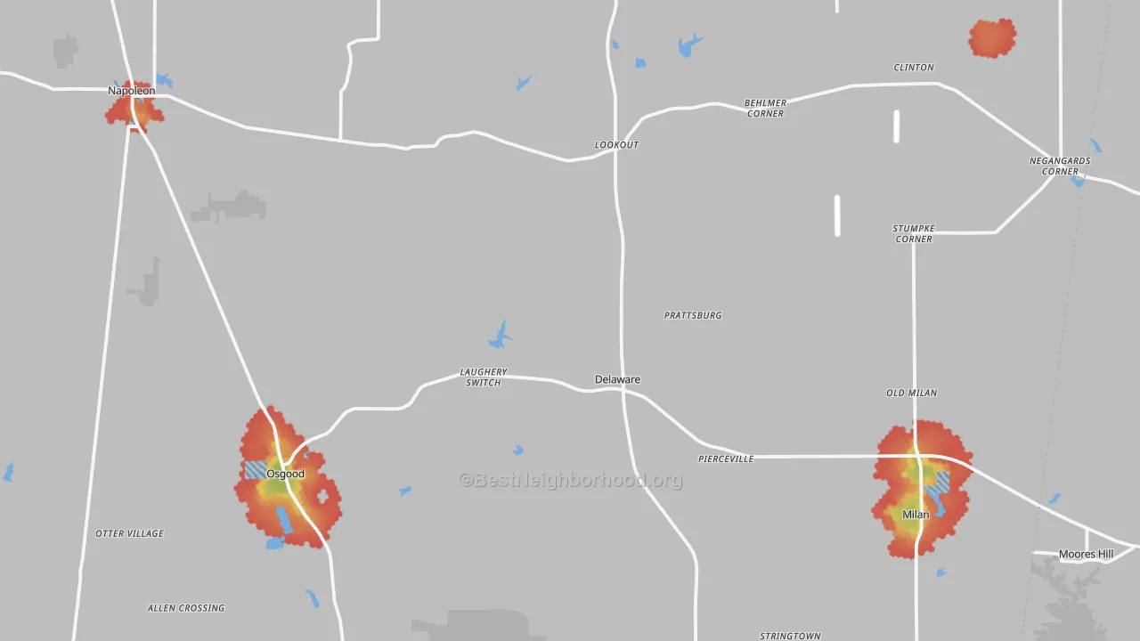 Walk Grade map of Ripley County, IN, walkable areas in green and car-dependent areas in red
