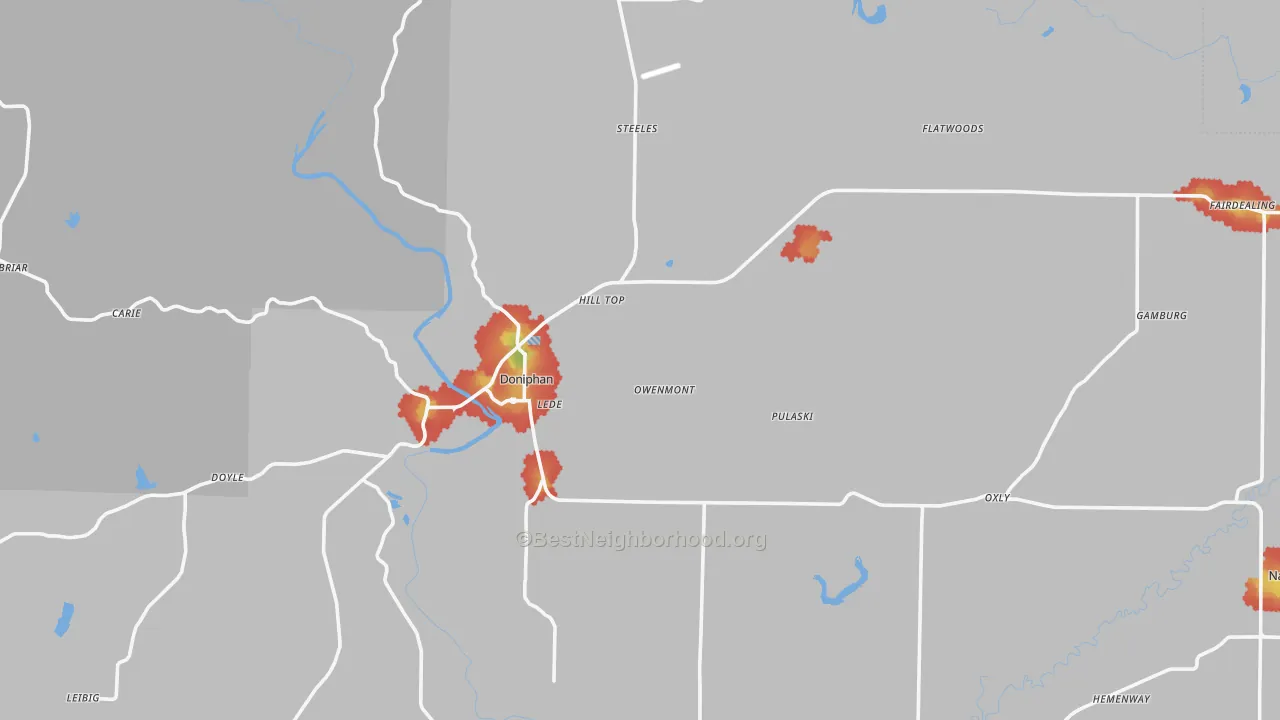 Walk Grade map of Ripley County, MO, walkable areas in green and car-dependent areas in red