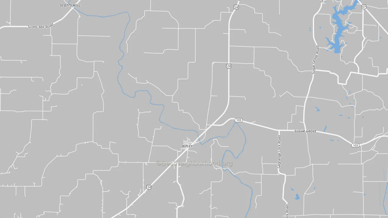 Walk Grade map of Ripley, IL, walkable areas in green and car-dependent areas in red