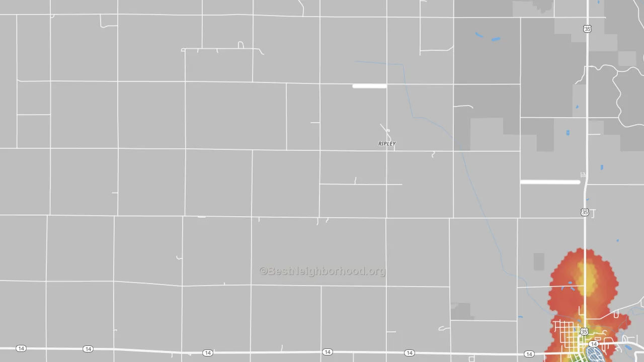 Walk Grade map of Ripley, IN, walkable areas in green and car-dependent areas in red