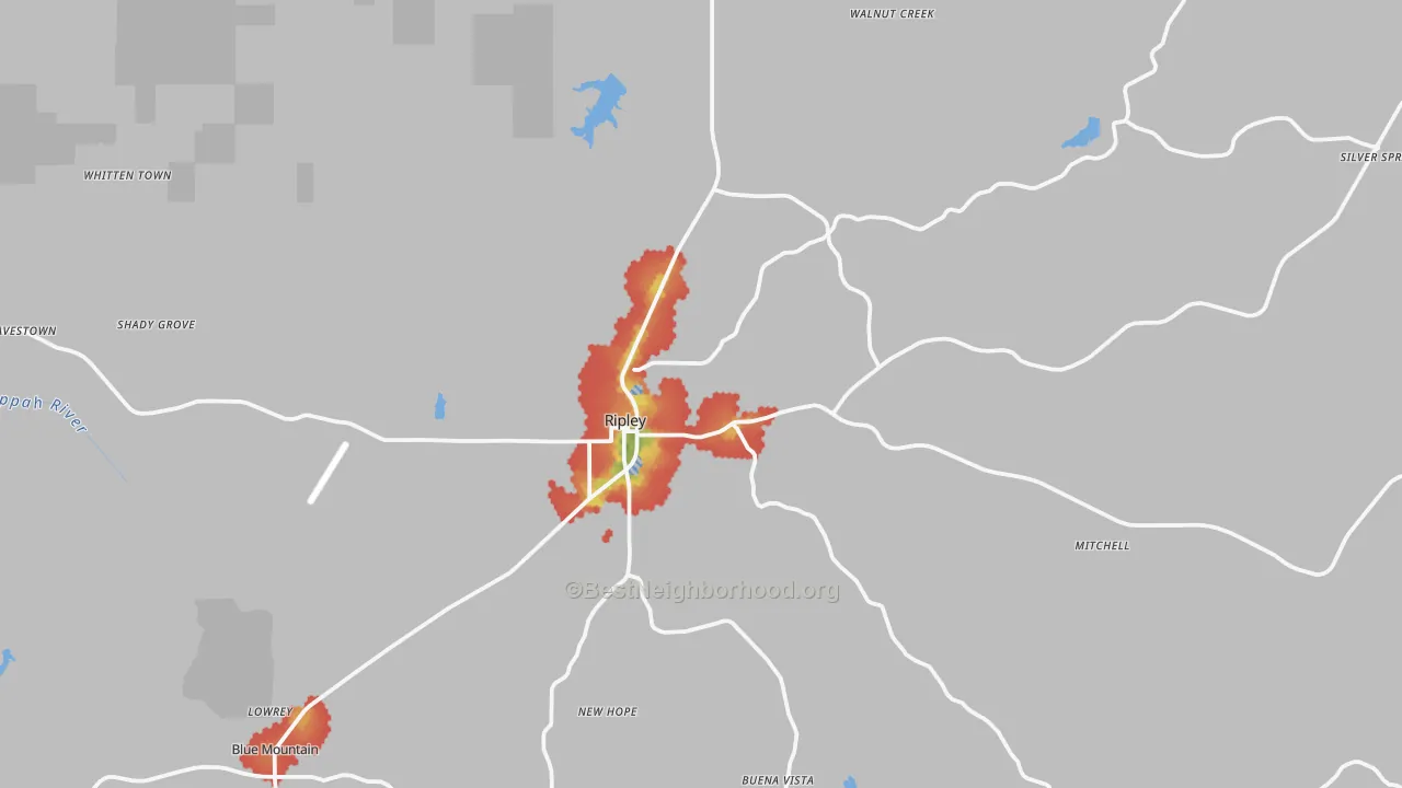 Walk Grade map of Ripley, MS, walkable areas in green and car-dependent areas in red