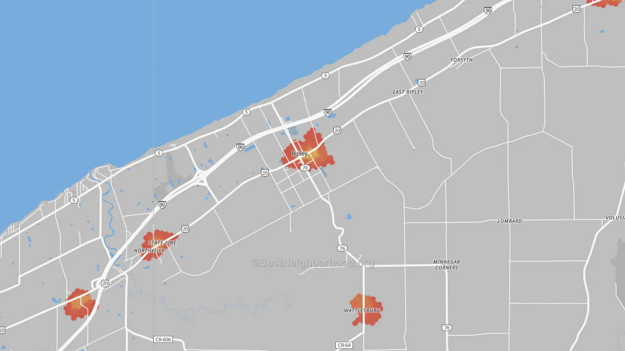 Walk Grade map of Ripley, NY, walkable areas in green and car-dependent areas in red