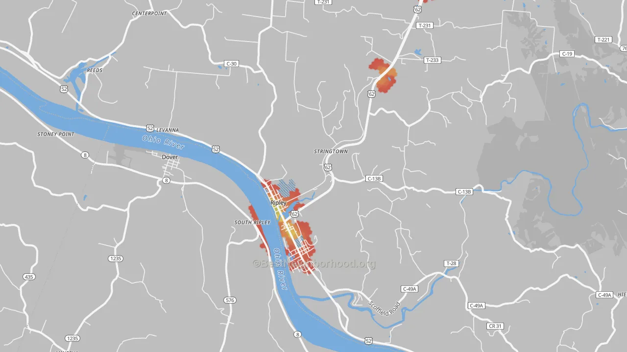 Walk Grade map of Ripley, OH, walkable areas in green and car-dependent areas in red