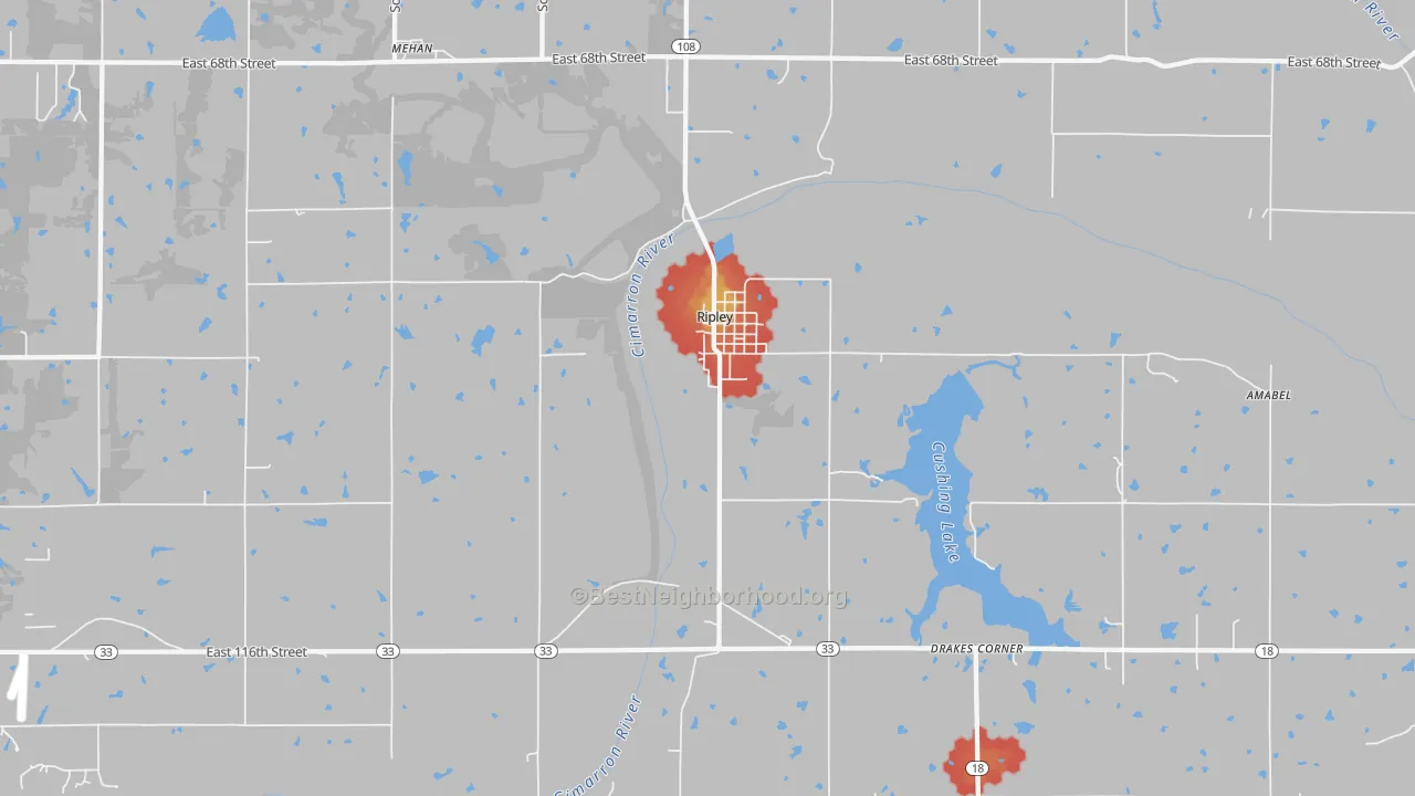 Walk Grade map of Ripley, OK, walkable areas in green and car-dependent areas in red