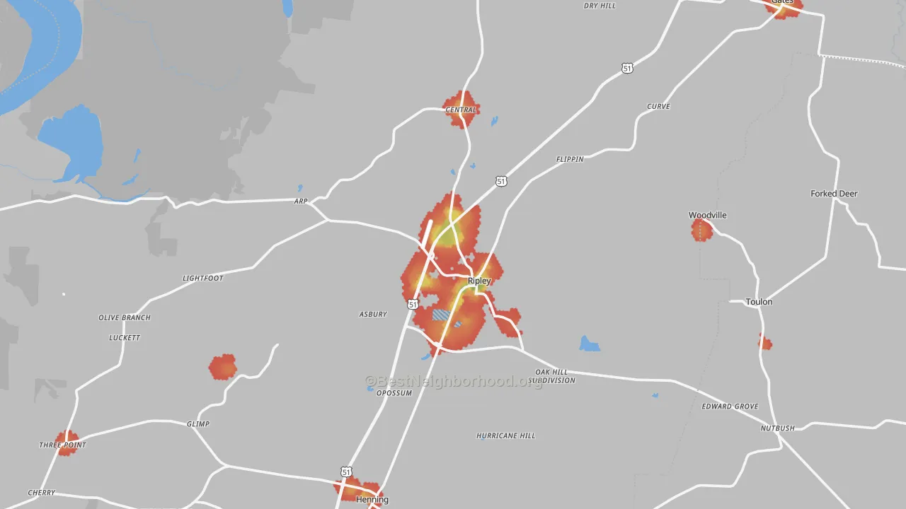 Walk Grade map of Ripley, TN, walkable areas in green and car-dependent areas in red