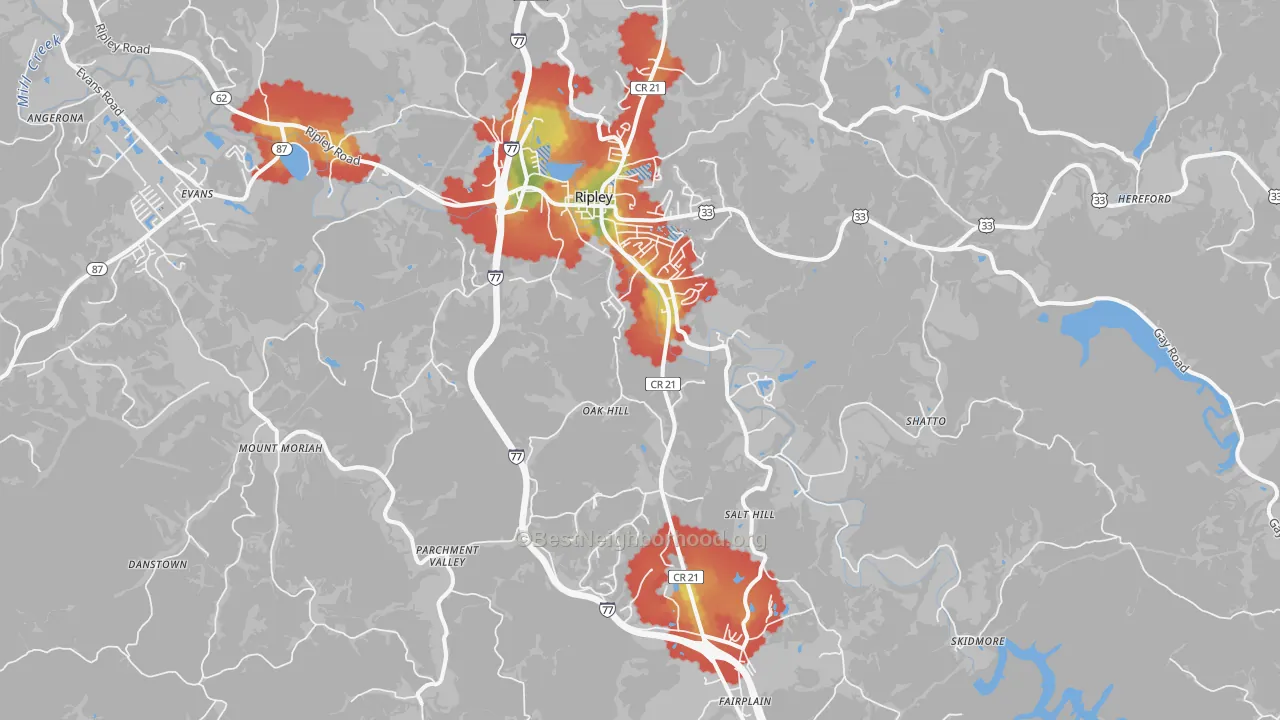 Walk Grade map of Ripley, WV, walkable areas in green and car-dependent areas in red
