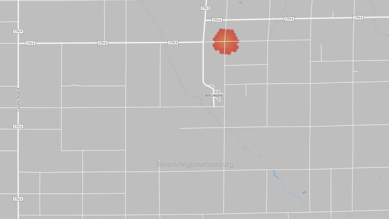 Walk Grade map of Riplinger, WI, walkable areas in green and car-dependent areas in red