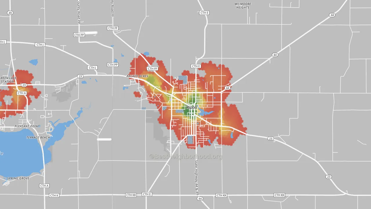 Walk Grade map of Ripon, WI, walkable areas in green and car-dependent areas in red