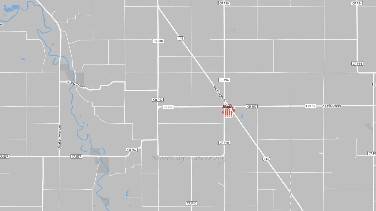 Walk Grade map of Rippey, IA, walkable areas in green and car-dependent areas in red