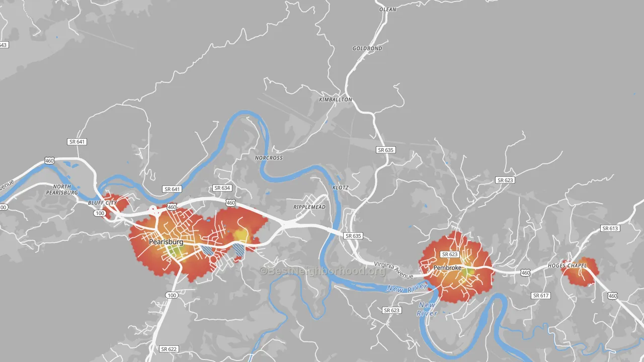 Walk Grade map of Ripplemead, VA, walkable areas in green and car-dependent areas in red