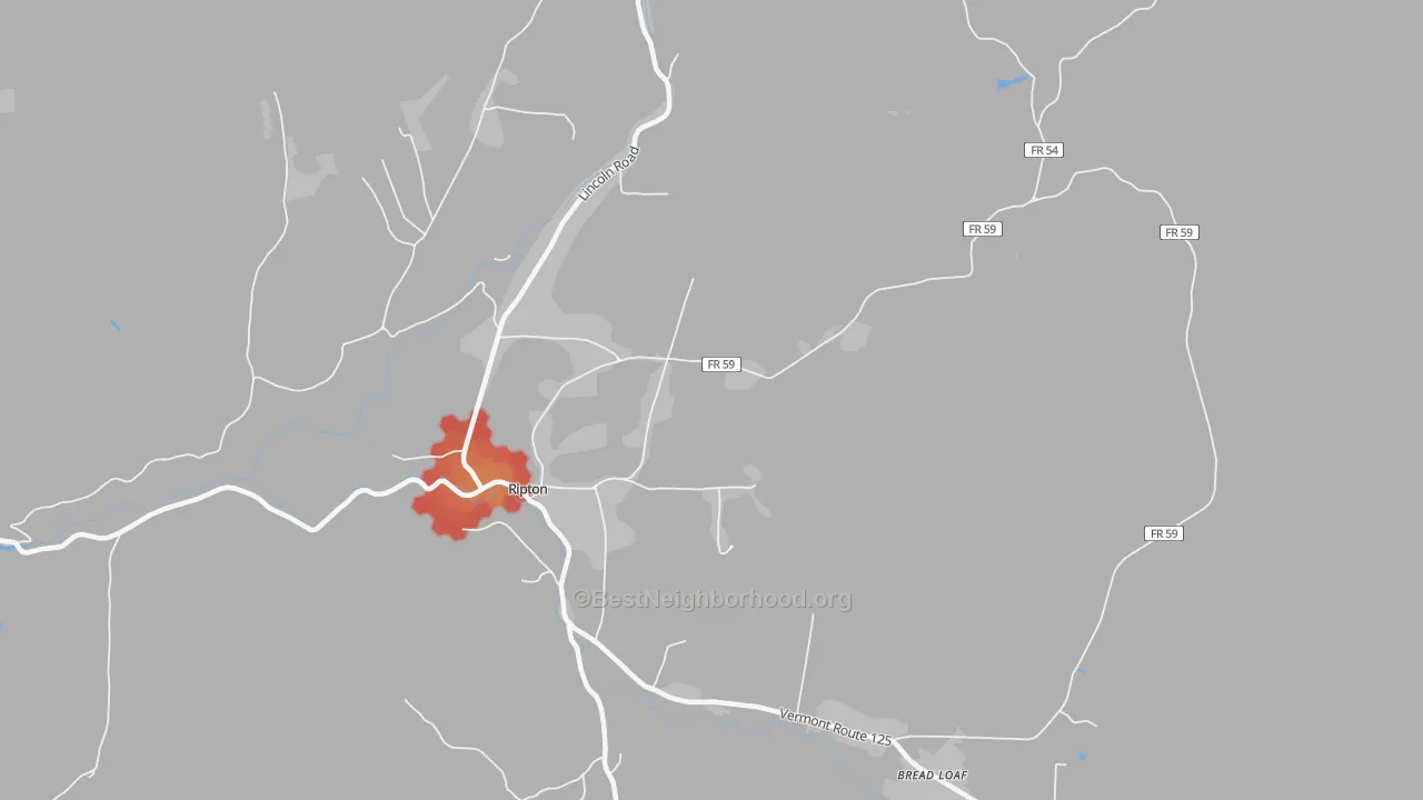 Walk Grade map of Ripton, VT, walkable areas in green and car-dependent areas in red