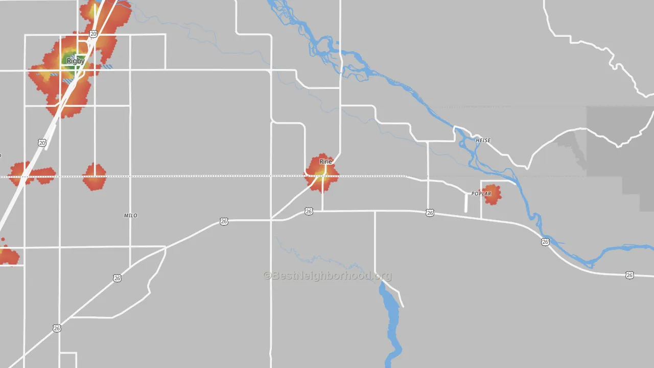 Walk Grade map of Ririe, ID, walkable areas in green and car-dependent areas in red