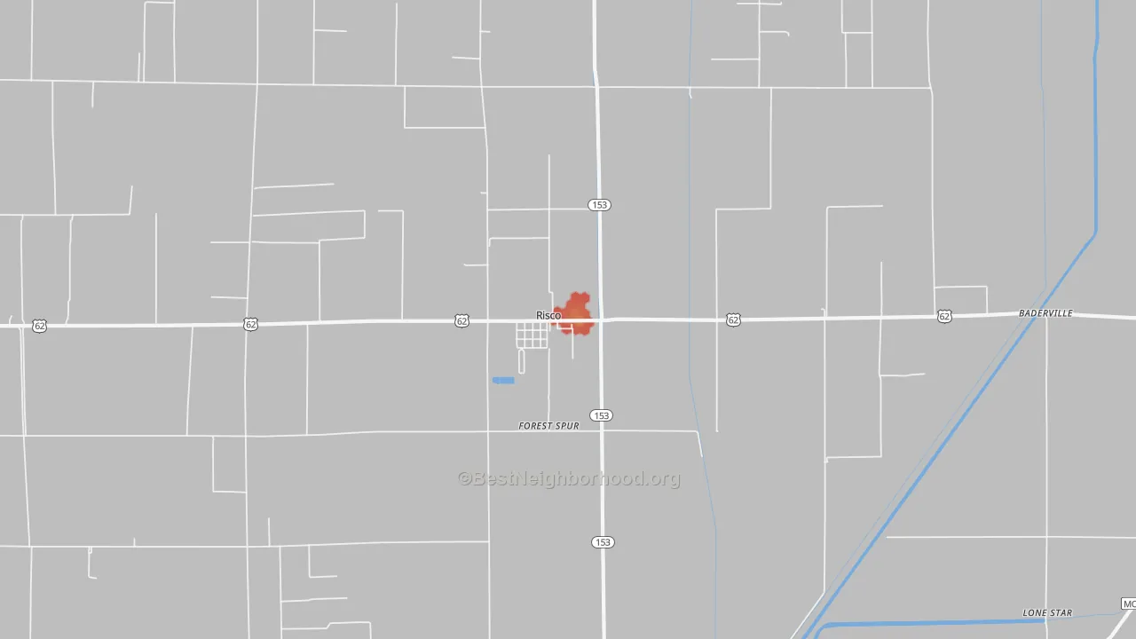 Walk Grade map of Risco, MO, walkable areas in green and car-dependent areas in red