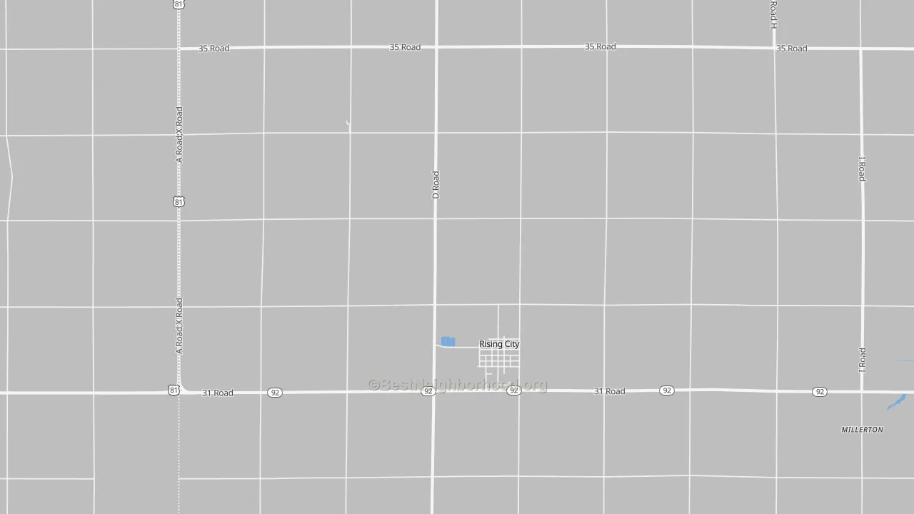 Walk Grade map of Rising City, NE, walkable areas in green and car-dependent areas in red