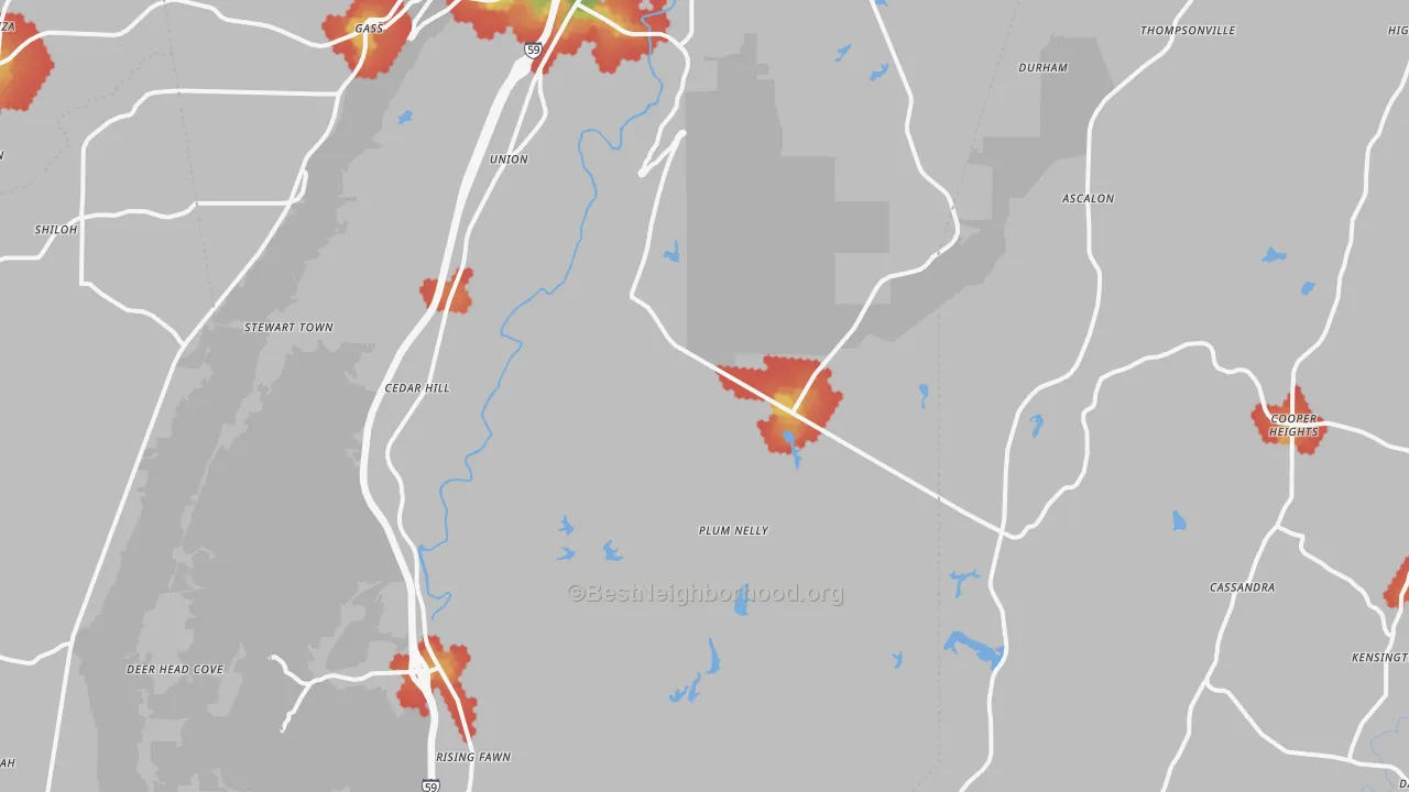 Walk Grade map of Rising Fawn, GA, walkable areas in green and car-dependent areas in red