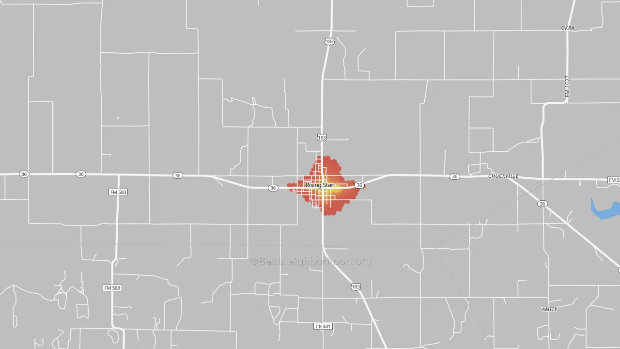 Walk Grade map of Rising Star, TX, walkable areas in green and car-dependent areas in red